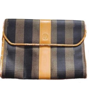 Fendi Vintage Pequin Black and Tan Brown Clutch